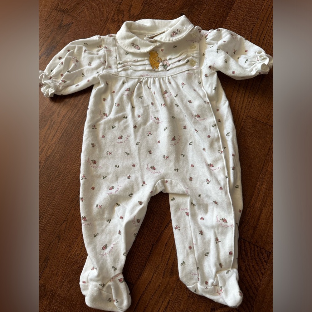 Vintage Winnie the Pooh White and Pink Floral Footie One Piece